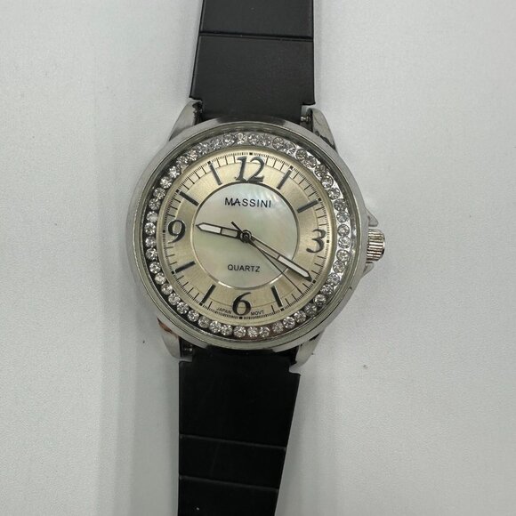 3/$30 Massini Watch Women Silver Tone Round Case Black Silicone Band 9" - Picture 3 of 15